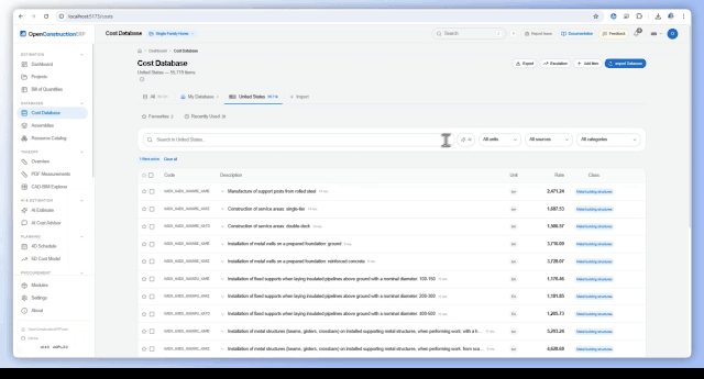 Cost database — 55,000 priced positions, instant semantic search