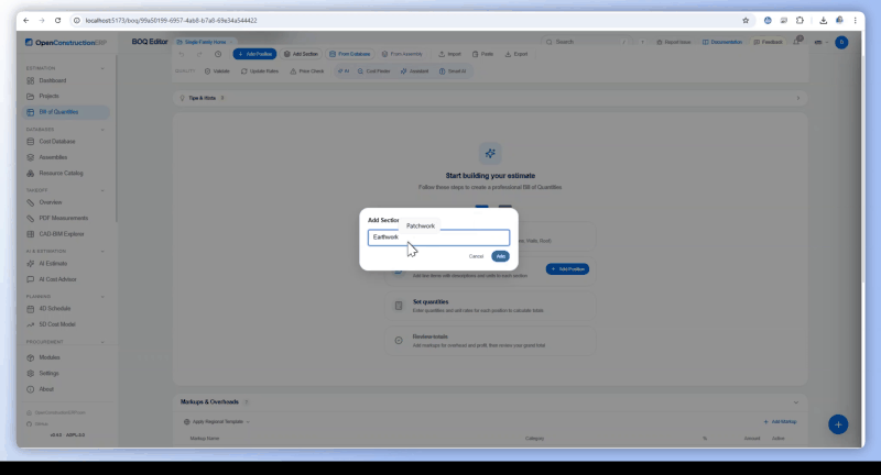 OpenConstructionERP &mdash; build a Bill of Quantities at the resource level in seconds