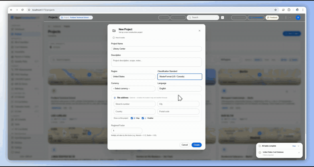 Create a new project — name, location, team, documents