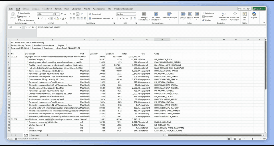 Complete estimate — totals rolled up, ready to export as GAEB, Excel, PDF or JSON