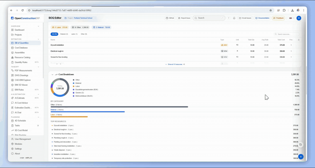 Validate — project dashboard with validation status across BOQ sections