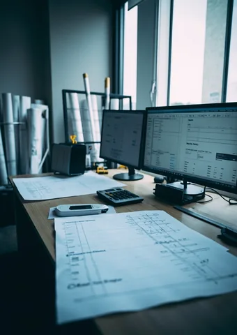 An estimating office, priced bills on the screens and drawings on the desk