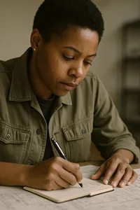A project manager taking a note against an open drawing