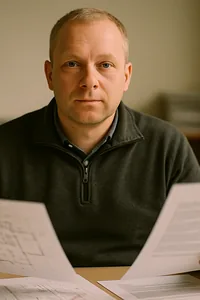 A commercial manager comparing a marked-up drawing with a contract