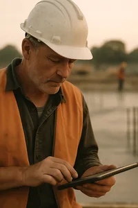 A site foreman reading the day off a tablet at first light