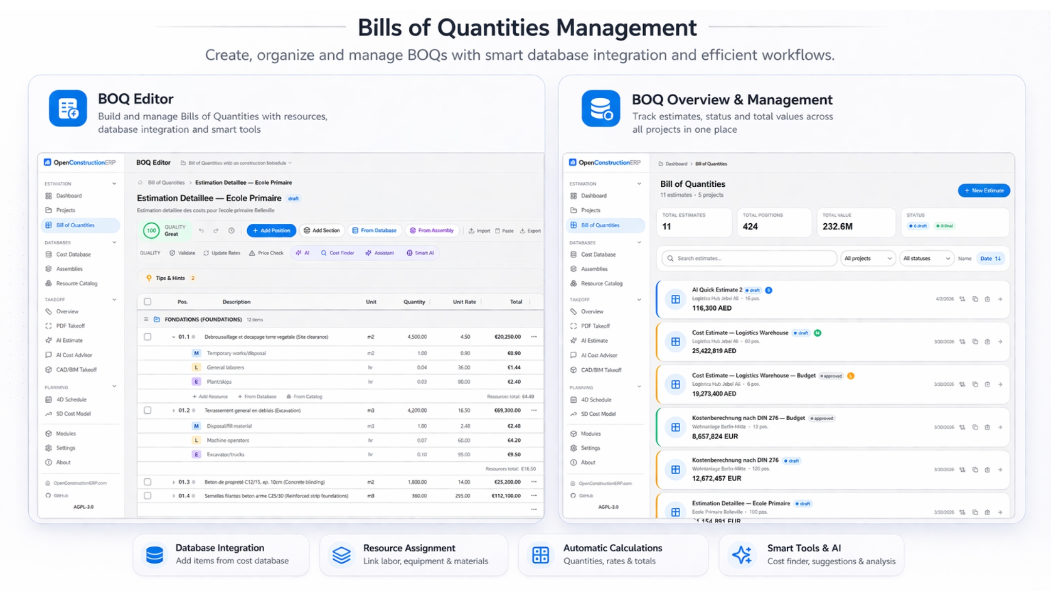 BoQ editor with AG Grid, integrated CWICR search and AI cost advisor