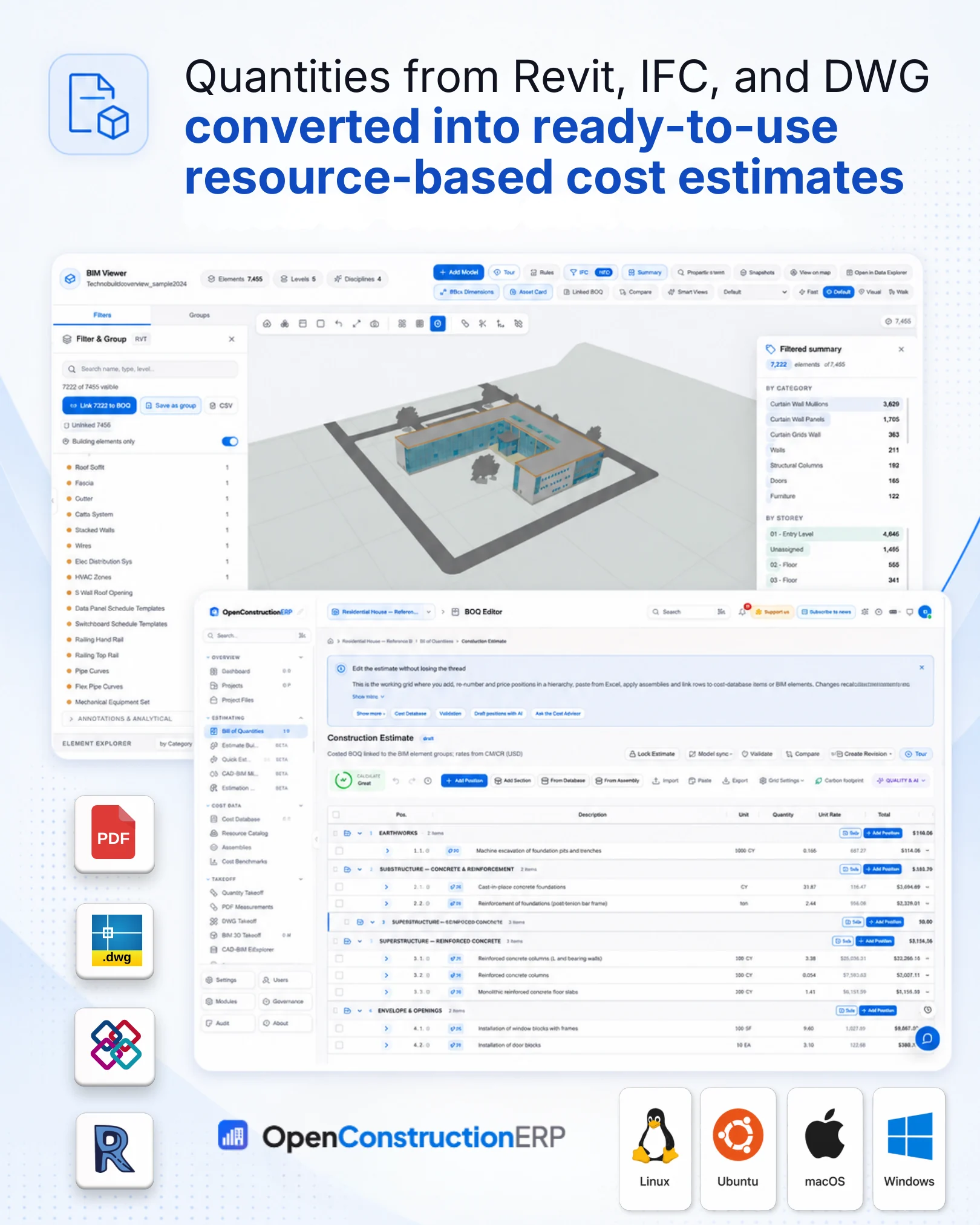 Quantities from a BIM model converted into a ready-to-use resource-based cost estimate in the bill-of-quantities editor