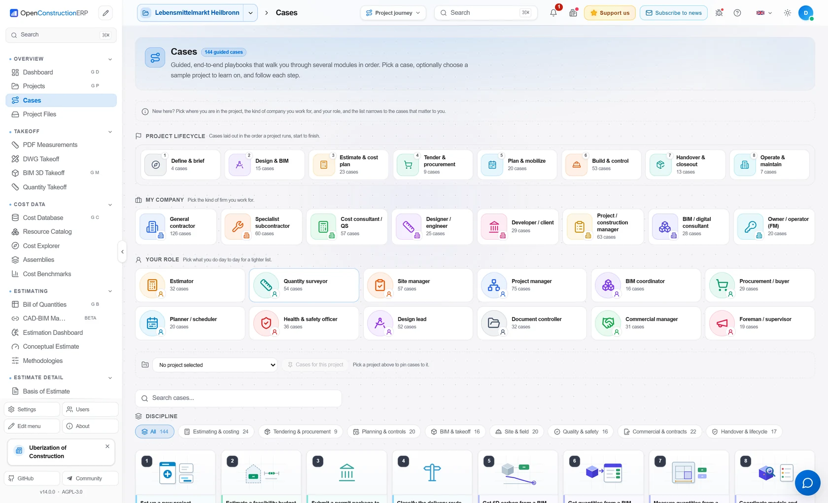The guided case library in OpenConstructionERP v14: 144 cases arranged by project stage, by type of firm and by role