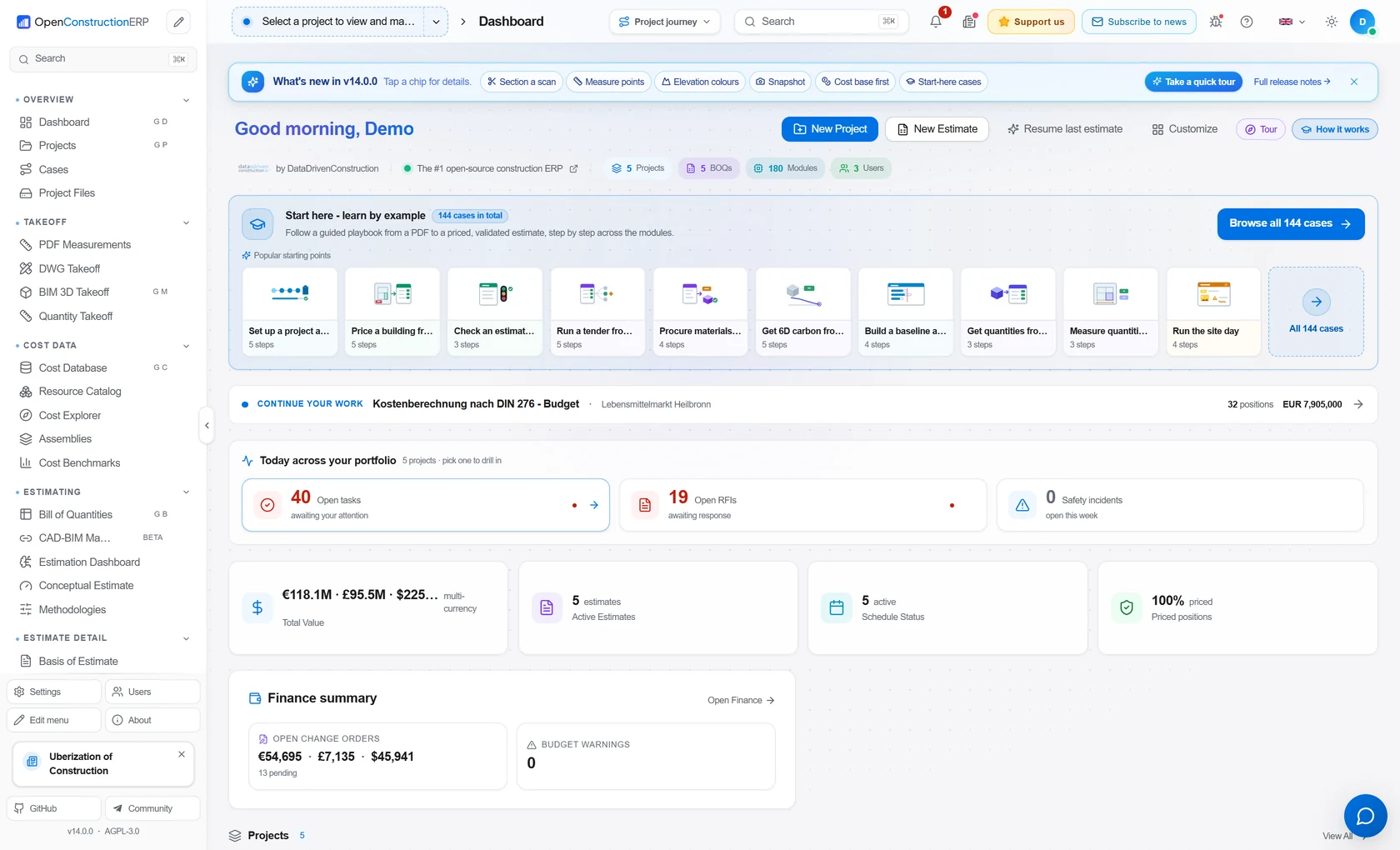 OpenConstructionERP v14 dashboard showing live portfolio figures, open tasks, RFIs, finance summary and the guided case library