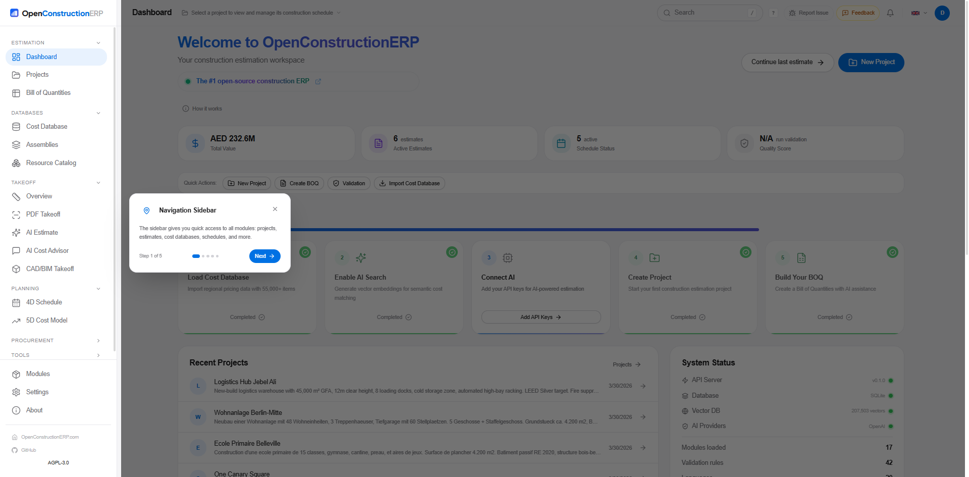 OpenConstructionERP v4.0.0 dashboard