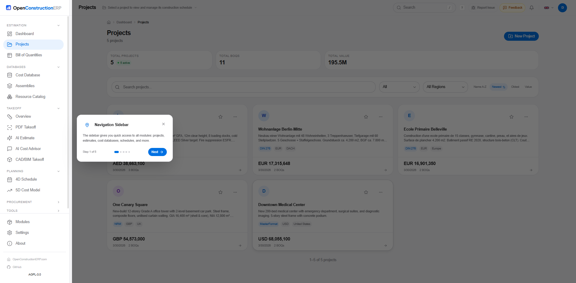 Projects index — 213 live projects across 12 countries with status, value, currency and last update