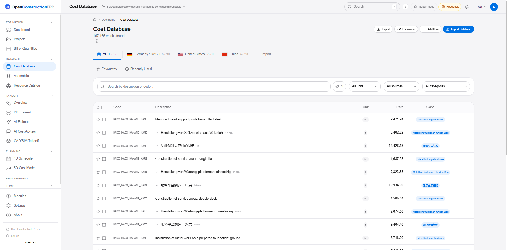 Costs database browser with regional catalogues, units, rates, classifications and search
