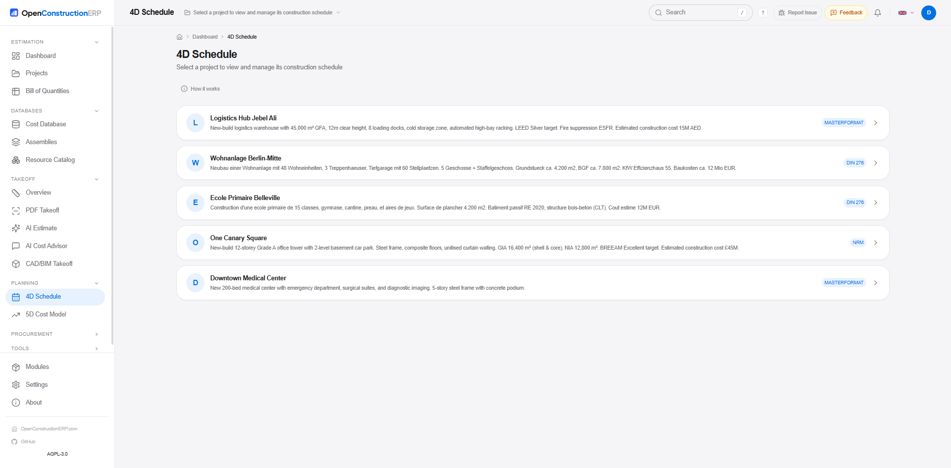 Schedule view with Gantt-style bars, dependencies, milestones and resource lanes