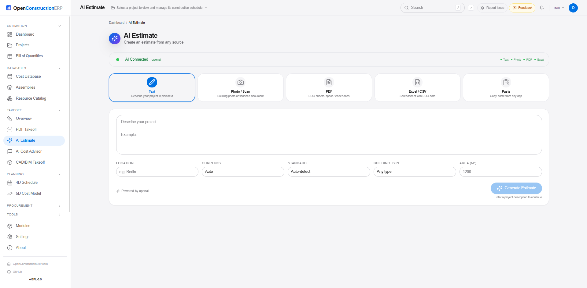 AI estimate panel — v3.11.0 added Validation@Import alongside GAEB X84 writer