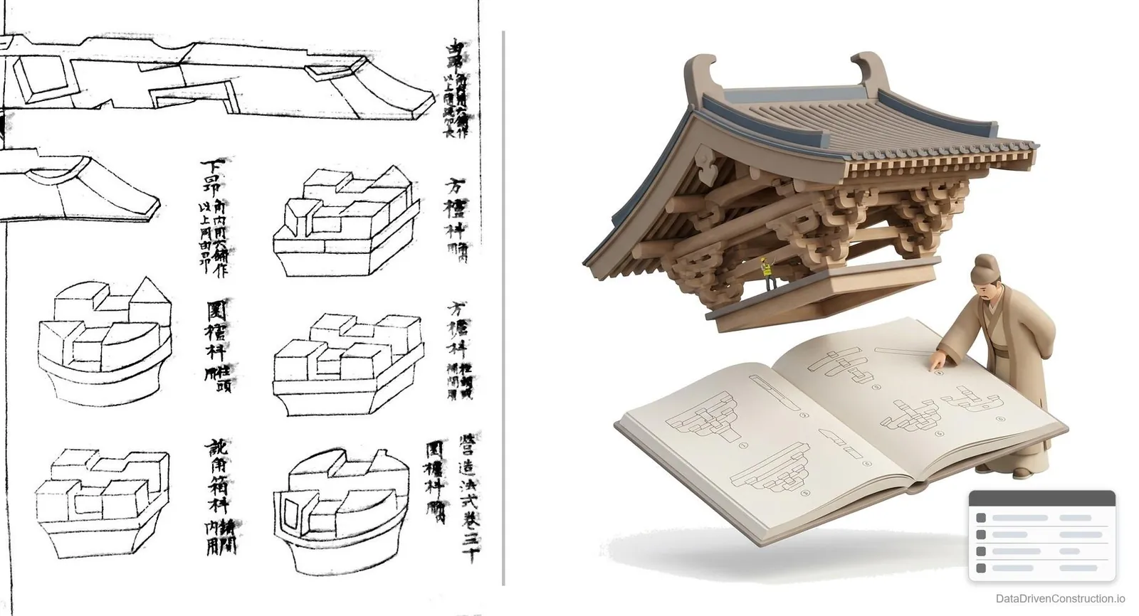 A page from the treatise "Yingzao Fashi" (1103): a single standard dougong module repeated throughout the building. Wikimedia Commons, PD-Art.