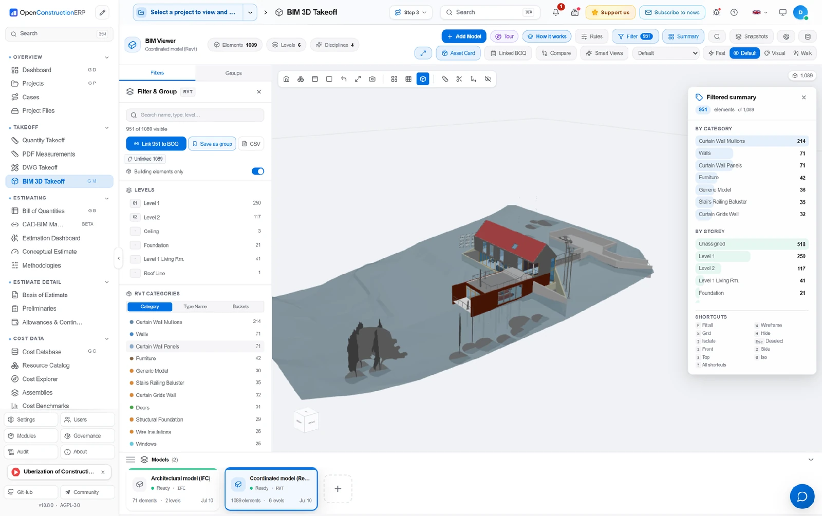 The mapping layer live through the open OpenConstructionERP: a Revit model - 1,089 elements with a filter by floors and categories; the "Link to BOQ" button maps the selected elements to cost-estimate positions. A quantity from the model finds its norm without manual re-keying. Screenshot: