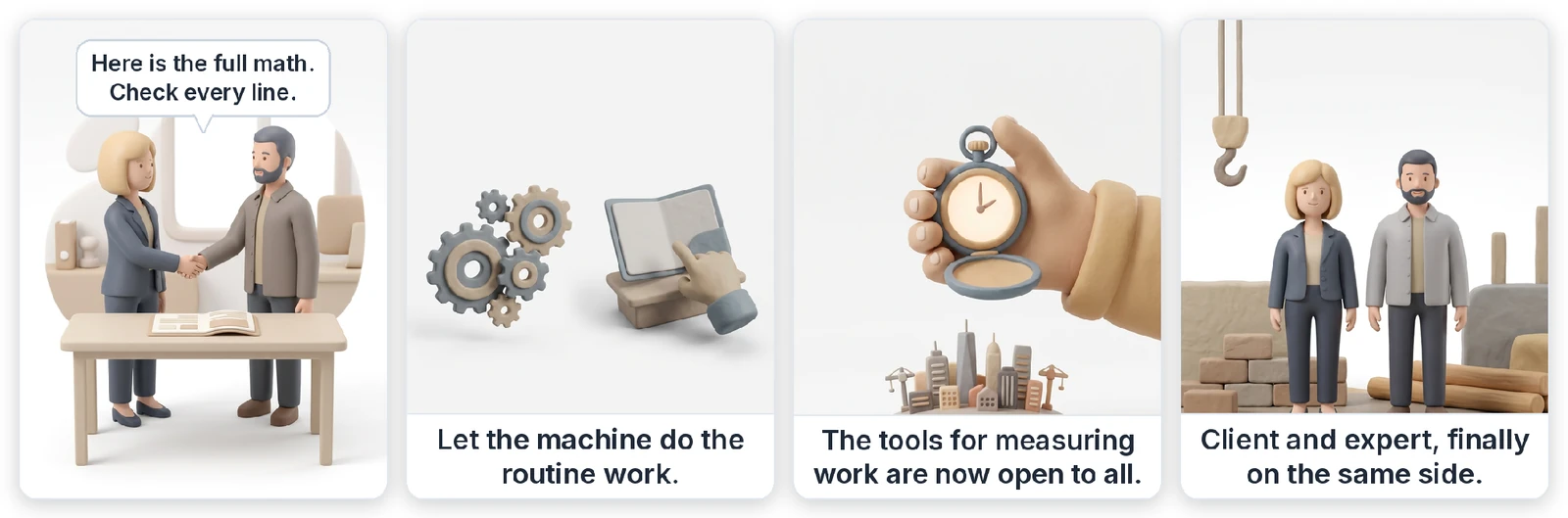 The open norm plus AI return the "recipe" to the client - the conversation becomes concrete, the routine goes to the machine, and the "stopwatch" of norm-setting becomes shared and open.