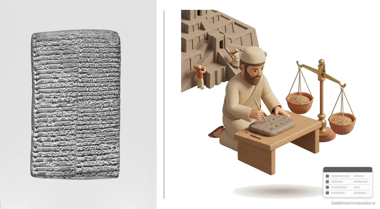 A clay tablet from the Ur III period (ca. 2043 BC), one of the oldest "work-rate ledgers": the scribe reconciled plan and actual. The Metropolitan Museum of Art, CC0.
