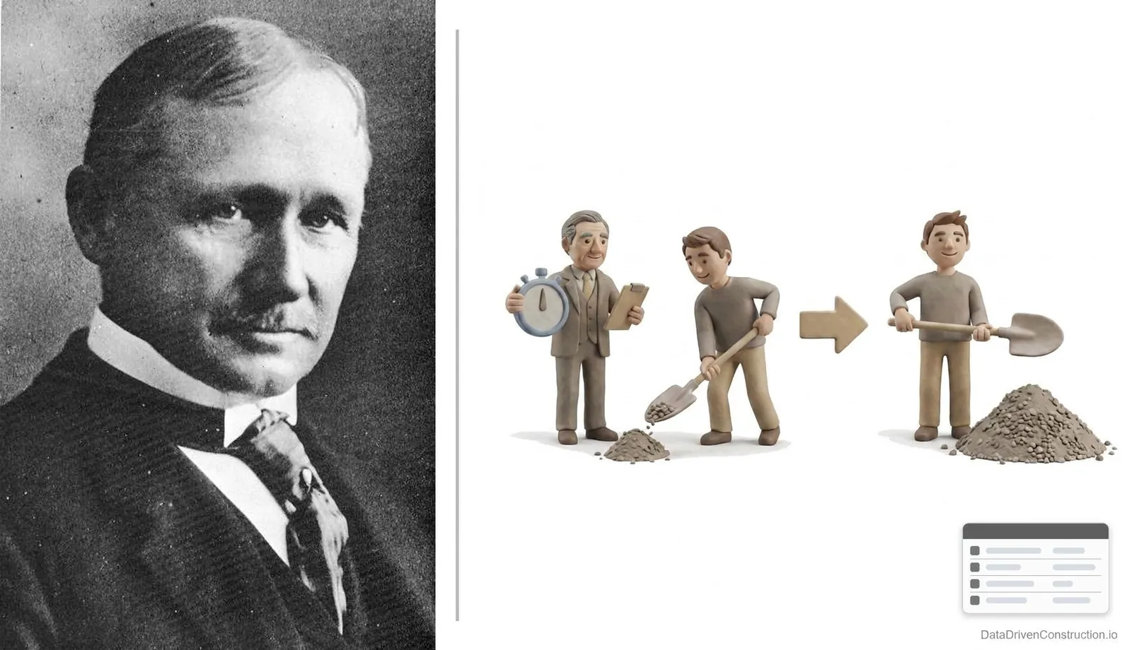Frederick Taylor, the father of scientific management: by timing every movement with a stopwatch, he raised a loader's output several times over. Wikimedia Commons, Public Domain.