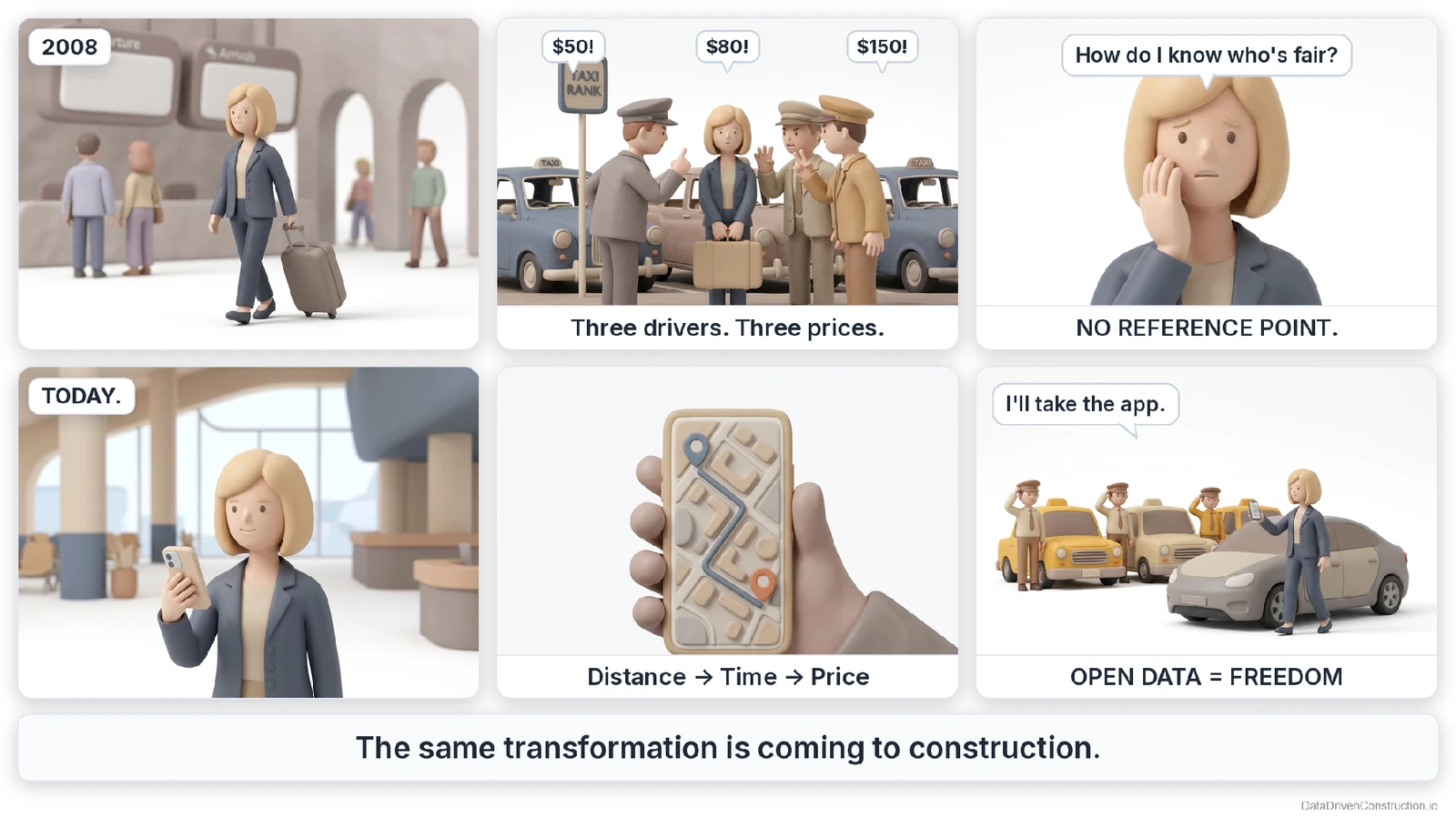 In the early 2000s drivers still named their prices and there was nothing to check them against; today the app itself computes "distance → time → price", and the monopoly on knowledge is over.
