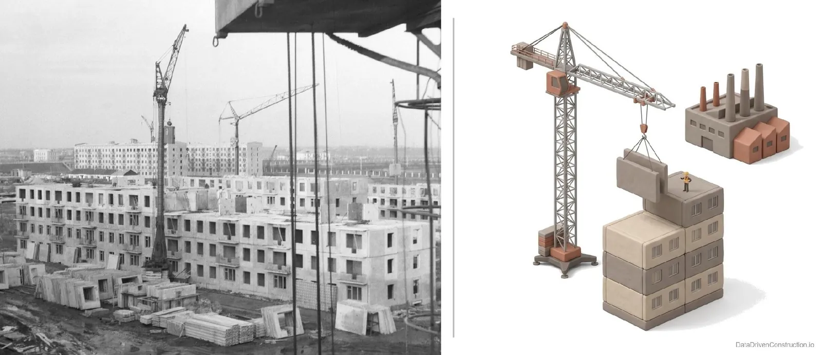 Building large-panel housing: a single standard module repeated into a tower; you can only build this way by the norm.