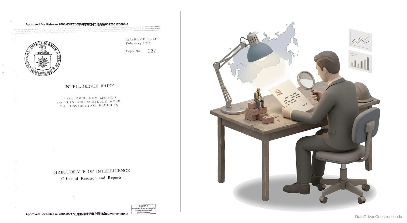 The declassified CIA report (February 1965) on the Soviet method of planning construction: the CIA studied Soviet norms 'under a magnifying glass'. CIA-RDP79T01003A002200120001-3, CIA FOIA Reading Room.